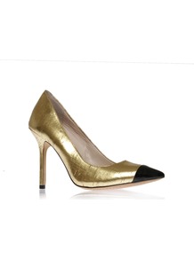 Harty2 - predominant colour: gold; occasions: evening, occasion; material: faux leather; heel height: high; heel: stiletto; toe: pointed toe; style: courts; trends: metallics; finish: metallic; pattern: colourblock; embellishment: toe cap