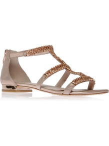 Hadie - predominant colour: stone; occasions: casual, evening, holiday; material: suede; heel height: flat; ankle detail: ankle strap; heel: standard; toe: open toe/peeptoe; style: strappy; trends: metallics; finish: metallic; pattern: plain; embellishment: chain/metal