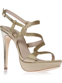 Joliee - predominant colour: champagne; occasions: evening, occasion; material: satin; embellishment: crystals; ankle detail: ankle strap; heel: platform; toe: open toe/peeptoe; style: strappy; finish: plain; pattern: plain; heel height: very high
