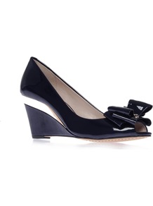 Varro - predominant colour: navy; occasions: evening, work, occasion; material: leather; heel height: high; heel: wedge; toe: open toe/peeptoe; style: courts; finish: patent; pattern: plain; embellishment: bow
