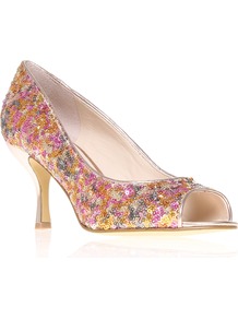 Quinty9 - occasions: evening, occasion, holiday; predominant colour: multicoloured; material: fabric; heel height: high; embellishment: sequins; heel: stiletto; toe: open toe/peeptoe; style: courts; trends: metallics; finish: metallic; pattern: patterned/print