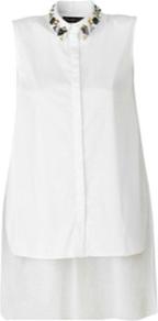 Jayna Shirt - neckline: shirt collar/peter pan/zip with opening; pattern: plain; sleeve style: sleeveless; length: below the bottom; style: shirt; predominant colour: white; occasions: casual, evening, work; fibres: cotton - 100%; fit: straight cut; back detail: longer hem at back than at front; sleeve length: sleeveless; texture group: cotton feel fabrics; pattern type: fabric; embellishment: jewels
