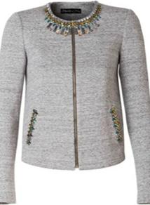 Quinn Jacket - pattern: plain; collar: round collar/collarless; style: boxy; predominant colour: light grey; occasions: evening, work, occasion; length: standard; fit: straight cut (boxy); fibres: polyester/polyamide - 100%; sleeve length: long sleeve; sleeve style: standard; collar break: high; pattern type: fabric; texture group: tweed - bulky/heavy; embellishment: jewels