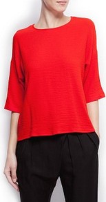 Crepe Blouse - pattern: plain; style: t-shirt; predominant colour: true red; occasions: casual, evening, work; length: standard; fibres: viscose/rayon - stretch; fit: straight cut; neckline: crew; sleeve length: 3/4 length; sleeve style: standard; pattern type: fabric; texture group: jersey - stretchy/drapey