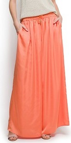 Drawstring Wide Trousers - length: standard; pattern: plain; style: palazzo; pocket detail: pockets at the sides; waist detail: belted waist/tie at waist/drawstring; waist: mid/regular rise; predominant colour: coral; occasions: casual, evening, holiday; fibres: polyester/polyamide - 100%; fit: wide leg; pattern type: fabric; texture group: jersey - stretchy/drapey