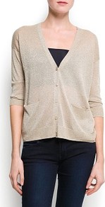 Metallic Knit Cardigan - neckline: low v-neck; pattern: plain; hip detail: front pockets at hip, fitted at hip; bust detail: buttons at bust (in middle at breastbone)/zip detail at bust; predominant colour: gold; occasions: casual, evening, work; length: standard; style: standard; fibres: polyester/polyamide - stretch; fit: slim fit; waist detail: front pockets at waist level; sleeve length: 3/4 length; sleeve style: standard; texture group: knits/crochet; trends: metallics; pattern type: knitted - fine stitch