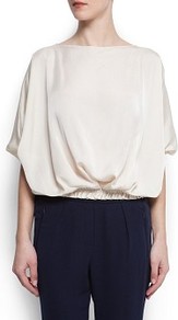 Satin Blouse - neckline: slash/boat neckline; sleeve style: dolman/batwing; pattern: plain; waist detail: elasticated waist, fitted waist, narrow waistband; style: blouse; predominant colour: ivory; occasions: casual, evening, work; length: standard; fibres: polyester/polyamide - 100%; fit: loose; sleeve length: short sleeve; texture group: crepes; trends: volume; pattern type: fabric; pattern size: standard