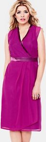 Mock Wrap Dress, Pink - style: faux wrap/wrap; length: below the knee; neckline: low v-neck; sleeve style: capped; fit: tailored/fitted; pattern: plain; predominant colour: magenta; occasions: evening, occasion; fibres: polyester/polyamide - 100%; sleeve length: sleeveless; texture group: sheer fabrics/chiffon/organza etc.; pattern type: fabric