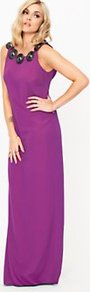 Cowl Back Maxi Dress, Violet - neckline: round neck; pattern: plain; sleeve style: sleeveless; style: maxi dress; bust detail: added detail/embellishment at bust; back detail: low cut/open back; predominant colour: magenta; occasions: evening, occasion; length: floor length; fit: body skimming; fibres: polyester/polyamide - stretch; sleeve length: sleeveless; texture group: crepes; pattern type: fabric; embellishment: applique