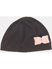 Grosgrain Bow Hat, Pink - predominant colour: black; occasions: casual; type of pattern: standard; style: beanie; size: standard; material: knits; embellishment: bow, button; pattern: plain, two-tone