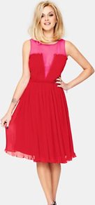 Pleated Occasion Dress, Red - neckline: round neck; fit: fitted at waist; pattern: plain, colourblock; sleeve style: sleeveless; bust detail: sheer at bust, contrast pattern/fabric/detail at bust; waist detail: fitted waist; shoulder detail: contrast pattern/fabric at shoulder; back detail: contrast pattern/fabric at back, embellishment at back, sheer fabric at back; predominant colour: true red; occasions: evening, occasion; length: on the knee; style: fit & flare; fibres: polyester/polyamide - 100%; hip detail: structured pleats at hip, soft pleats at hip/draping at hip/flared at hip; sleeve length: sleeveless; texture group: sheer fabrics/chiffon/organza etc.; trends: volume; pattern type: fabric; pattern size: small & light