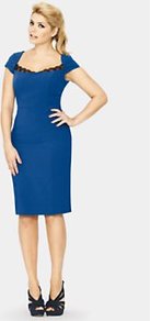 Lace Insert Pencil Dress, Blue - style: shift; neckline: low v-neck; sleeve style: capped; fit: tailored/fitted; pattern: plain; waist detail: fitted waist; hip detail: fitted at hip; predominant colour: royal blue; occasions: casual, evening, work, occasion; length: on the knee; fibres: polyester/polyamide - stretch; sleeve length: short sleeve; texture group: jersey - clingy; pattern type: fabric