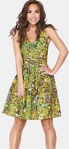 Floral Printed Day Dress, Green - neckline: low v-neck; sleeve style: sleeveless; waist detail: fitted waist; back detail: low cut/open back; secondary colour: white; occasions: casual, work, occasion, holiday; length: just above the knee; fit: fitted at waist & bust; style: fit & flare; fibres: polyester/polyamide - stretch; hip detail: soft pleats at hip/draping at hip/flared at hip; predominant colour: multicoloured; sleeve length: sleeveless; texture group: cotton feel fabrics; trends: statement prints; pattern type: fabric; pattern size: standard; pattern: patterned/print