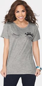 Eyelash Printed Tshirt - neckline: round neck; style: t-shirt; predominant colour: mid grey; occasions: casual; length: standard; fibres: polyester/polyamide - 100%; fit: loose; bust detail: contrast pattern/fabric/detail at bust; sleeve length: short sleeve; sleeve style: standard; pattern type: fabric; pattern size: small & light; pattern: patterned/print; texture group: jersey - stretchy/drapey