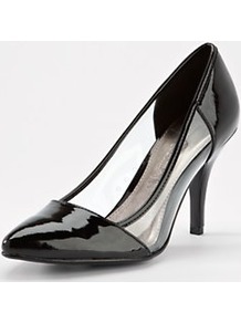 Fox Perspex Point Court Shoes Black, Black - predominant colour: black; occasions: evening, work, occasion; material: faux leather; heel height: high; heel: stiletto; toe: pointed toe; style: courts; finish: patent; pattern: plain, two-tone