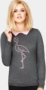 Flamingo Knitted Jumper, Pink - style: standard; predominant colour: charcoal; occasions: casual, work; length: standard; fibres: polyester/polyamide - mix; fit: standard fit; neckline: no opening/shirt collar/peter pan; bust detail: contrast pattern/fabric/detail at bust; sleeve length: long sleeve; sleeve style: standard; texture group: knits/crochet; pattern type: knitted - fine stitch; pattern size: standard; pattern: patterned/print