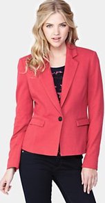 Pique Blazer, Coral - pattern: plain; style: single breasted blazer; hip detail: side pockets at hip, front pockets at hip; collar: standard lapel/rever collar; predominant colour: coral; occasions: casual, evening, work, occasion; length: standard; fit: tailored/fitted; fibres: cotton - 100%; waist detail: fitted waist; back detail: back vent/flap at back; sleeve length: long sleeve; sleeve style: standard; texture group: cotton feel fabrics; collar break: low/open; pattern type: fabric; pattern size: standard
