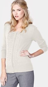 Pearl Front Cardigan, Cream - neckline: round neck; pattern: plain; predominant colour: ivory; occasions: casual, evening, work; length: standard; style: standard; fit: standard fit; sleeve length: long sleeve; sleeve style: standard; texture group: cotton feel fabrics; pattern type: knitted - fine stitch; embellishment: beading; fibres: viscose/rayon - mix