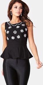 Diamante Peplum Top, Black - neckline: round neck; pattern: plain; sleeve style: sleeveless; bust detail: added detail/embellishment at bust; back detail: low cut/open back; shoulder detail: contrast pattern/fabric at shoulder; waist detail: peplum waist detail; predominant colour: black; occasions: casual, evening, occasion; length: standard; style: top; fibres: polyester/polyamide - stretch; fit: tailored/fitted; hip detail: structured pleats at hip, soft pleats at hip/draping at hip/flared at hip, ruffles/tiers/tie detail at hip; sleeve length: sleeveless; texture group: jersey - clingy; trends: metallics, sculptural frills; pattern type: fabric; pattern size: standard; embellishment: beading