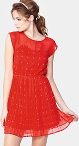 Tea Dress, Red - style: tea dress; length: mid thigh; neckline: round neck; sleeve style: capped; fit: fitted at waist; pattern: plain; waist detail: fitted waist; predominant colour: true red; occasions: casual, evening, occasion; fibres: polyester/polyamide - 100%; sleeve length: short sleeve; texture group: sheer fabrics/chiffon/organza etc.; pattern type: fabric; pattern size: small & light; embellishment: beading