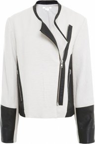 Cream Striped Jacquard &Amp; Leather Jacket Uk - style: biker; bust detail: added detail/embellishment at bust; collar: standard biker; predominant colour: ivory; secondary colour: black; occasions: casual, evening, work, occasion; length: standard; fit: straight cut (boxy); fibres: wool - mix; waist detail: fitted waist; sleeve length: long sleeve; sleeve style: standard; collar break: high/illusion of break when open; pattern type: fabric; pattern size: standard; pattern: colourblock; texture group: brocade/jacquard