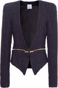 Black Kirsten Tweed Jacket Uk - style: single breasted blazer; collar: round collar/collarless; pattern: herringbone/tweed; predominant colour: navy; occasions: casual, evening; length: standard; fit: tailored/fitted; fibres: wool - mix; waist detail: fitted waist; back detail: shorter hem at back than at front; sleeve length: long sleeve; sleeve style: standard; collar break: low/open; pattern type: fabric; pattern size: light/subtle; texture group: tweed - light/midweight