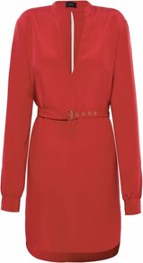 Red Angelina Dress Uk - style: shift; neckline: plunge; sleeve style: extended cuff; fit: fitted at waist; pattern: plain; waist detail: fitted waist, belted waist/tie at waist/drawstring; back detail: low cut/open back; predominant colour: true red; occasions: casual, evening, occasion; length: just above the knee; fibres: silk - 100%; sleeve length: long sleeve; texture group: silky - light; pattern type: fabric