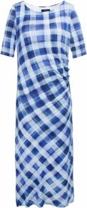 Blue Gingham Dress Uk - style: shift; neckline: round neck; pattern: checked/gingham; waist detail: twist front waist detail/nipped in at waist on one side/soft pleats/draping/ruching/gathering waist detail; predominant colour: royal blue; secondary colour: pale blue; occasions: casual, evening, work, occasion; length: on the knee; fit: body skimming; fibres: cotton - 100%; sleeve length: short sleeve; sleeve style: standard; texture group: cotton feel fabrics; pattern type: fabric; pattern size: standard