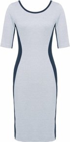Grey Plique Dress Uk - style: shift; fit: tailored/fitted; waist detail: fitted waist; back detail: low cut/open back; hip detail: fitted at hip; predominant colour: light grey; secondary colour: black; occasions: evening, work, occasion, holiday; length: just above the knee; neckline: scoop; fibres: cotton - 100%; sleeve length: half sleeve; sleeve style: standard; trends: glamorous day shifts; pattern type: fabric; pattern size: standard; pattern: colourblock; texture group: jersey - stretchy/drapey