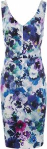 Blue Pansy Sleeveless Dress Uk - style: shift; neckline: low v-neck; fit: tailored/fitted; sleeve style: sleeveless; occasions: evening, occasion; length: just above the knee; fibres: polyester/polyamide - stretch; predominant colour: multicoloured; sleeve length: sleeveless; trends: high impact florals; pattern type: fabric; pattern size: big & busy; pattern: florals; texture group: other - light to midweight