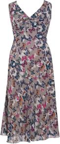 Sand Butterfly Print Crinkle Dress - style: empire line; neckline: v-neck; fit: empire; sleeve style: sleeveless; bust detail: ruching/gathering/draping/layers/pintuck pleats at bust; secondary colour: navy; predominant colour: taupe; occasions: evening, work, occasion; length: on the knee; fibres: polyester/polyamide - 100%; hip detail: soft pleats at hip/draping at hip/flared at hip; sleeve length: sleeveless; texture group: sheer fabrics/chiffon/organza etc.; pattern type: fabric; pattern size: small & busy; pattern: patterned/print