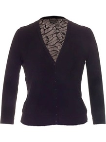 Isabel De Pedro Black Lace And Mesh Jersey Cardigan - neckline: low v-neck; pattern: plain; back detail: contrast pattern/fabric at back; predominant colour: black; occasions: casual, evening, occasion; length: standard; style: standard; fibres: viscose/rayon - stretch; fit: slim fit; sleeve length: long sleeve; sleeve style: standard; pattern type: fabric; texture group: jersey - stretchy/drapey; embellishment: lace
