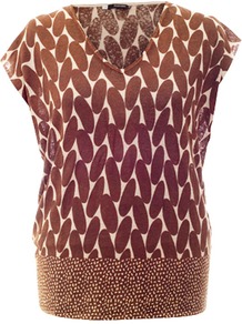 Escorpion For Mocha/Cream Printed Tunic - neckline: v-neck; sleeve style: capped; predominant colour: chocolate brown; occasions: casual; length: standard; style: top; fibres: viscose/rayon - stretch; fit: body skimming; sleeve length: sleeveless; pattern type: fabric; pattern size: big & busy; pattern: patterned/print; texture group: jersey - stretchy/drapey