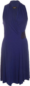 Isabel De Pedro Sapphire Wrap Dress - style: faux wrap/wrap; neckline: low v-neck; pattern: plain; sleeve style: sleeveless; bust detail: ruching/gathering/draping/layers/pintuck pleats at bust; predominant colour: navy; occasions: evening, occasion; length: just above the knee; fit: body skimming; fibres: viscose/rayon - stretch; sleeve length: sleeveless; pattern type: fabric; texture group: jersey - stretchy/drapey