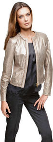 Leather Jacket - pattern: plain; collar: round collar/collarless; style: boxy; predominant colour: champagne; occasions: casual, evening, work, occasion; length: standard; fit: tailored/fitted; fibres: leather - 100%; sleeve length: long sleeve; sleeve style: standard; texture group: leather; trends: metallics; collar break: low/open; pattern type: fabric