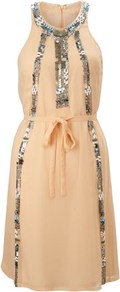 Rebecca Beads Dress - style: shift; fit: fitted at waist; pattern: plain; sleeve style: sleeveless; neckline: halter neck; waist detail: belted waist/tie at waist/drawstring; predominant colour: nude; occasions: evening, occasion; length: just above the knee; fibres: silk - 100%; hip detail: soft pleats at hip/draping at hip/flared at hip; sleeve length: sleeveless; texture group: sheer fabrics/chiffon/organza etc.; pattern type: fabric; pattern size: standard; embellishment: sequins