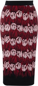 Queenie Rae Pencil Skirt - length: below the knee; style: pencil; fit: tailored/fitted; waist: high rise; predominant colour: burgundy; occasions: evening, work; fibres: cotton - mix; waist detail: narrow waistband; texture group: cotton feel fabrics; trends: high impact florals, statement prints; pattern type: fabric; pattern size: big & busy; pattern: florals, patterned/print