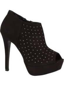 Black Stud Peep Toe Shoe Boots - predominant colour: black; occasions: casual, evening, work, occasion; material: faux leather; heel height: high; embellishment: studs, zips; heel: platform; toe: open toe/peeptoe; boot length: shoe boot; style: standard; trends: metallics; finish: plain; pattern: plain, two-tone
