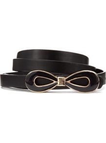 Black Enamel Bow Skinny Waist Belt - predominant colour: black; occasions: casual, evening, work, occasion; type of pattern: small; style: classic; size: skinny; worn on: waist; material: faux leather; pattern: plain; finish: plain; embellishment: bow