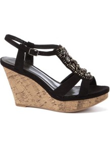 Black Bead Embellished T Bar Cork Wedges - predominant colour: black; occasions: casual, evening, holiday; material: fabric; heel height: mid; embellishment: beading; ankle detail: ankle strap; heel: wedge; toe: open toe/peeptoe; style: strappy; trends: metallics; finish: plain; pattern: plain; secondary colour: clear