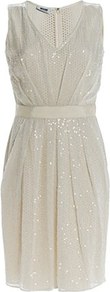 Ladylike Embellished Dress - style: shift; length: mid thigh; neckline: v-neck; fit: tailored/fitted; pattern: plain; sleeve style: sleeveless; predominant colour: white; occasions: evening, occasion; fibres: cotton - 100%; hip detail: sculpting darts/pleats/seams at hip; waist detail: narrow waistband; sleeve length: sleeveless; pattern type: fabric; texture group: other - light to midweight; embellishment: sequins