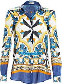 Multi Print Shirt - neckline: shirt collar/peter pan/zip with opening; style: blouse; predominant colour: navy; secondary colour: yellow; occasions: casual, evening, work; length: standard; fibres: silk - 100%; fit: body skimming; sleeve length: long sleeve; sleeve style: standard; texture group: silky - light; trends: statement prints; pattern type: fabric; pattern size: big & busy; pattern: patterned/print