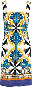 Multi Print Dress - style: shift; fit: tailored/fitted; sleeve style: sleeveless; predominant colour: navy; secondary colour: yellow; occasions: casual, evening, holiday; length: just above the knee; fibres: cotton - stretch; sleeve length: sleeveless; trends: statement prints; neckline: low square neck; pattern type: fabric; pattern size: big & busy; pattern: patterned/print; texture group: jersey - stretchy/drapey
