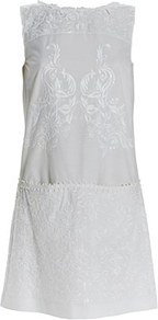 Lace Dress - style: shift; pattern: plain; sleeve style: sleeveless; predominant colour: ivory; occasions: casual, evening, occasion, holiday; length: just above the knee; fit: soft a-line; fibres: cotton - 100%; neckline: crew; sleeve length: sleeveless; texture group: lace; pattern type: fabric; embellishment: lace