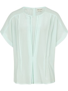 Penny Tuck Front Button Back Top - pattern: plain; waist detail: fitted waist; bust detail: ruching/gathering/draping/layers/pintuck pleats at bust; predominant colour: pistachio; occasions: casual, evening, work, holiday; length: standard; style: top; fibres: silk - 100%; fit: straight cut; neckline: crew; shoulder detail: flat/draping pleats/ruching/gathering at shoulder; back detail: embellishment at back; sleeve length: short sleeve; sleeve style: standard; texture group: cotton feel fabrics; pattern type: fabric