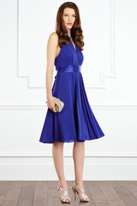 Goddess Short Dress - length: below the knee; neckline: low v-neck; pattern: plain; sleeve style: sleeveless; style: prom dress; waist detail: wide waistband/cummerbund; back detail: low cut/open back; bust detail: ruching/gathering/draping/layers/pintuck pleats at bust; predominant colour: royal blue; occasions: evening, occasion; fit: soft a-line; fibres: polyester/polyamide - stretch; hip detail: soft pleats at hip/draping at hip/flared at hip; sleeve length: sleeveless; texture group: structured shiny - satin/tafetta/silk etc.; pattern type: fabric