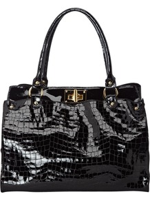 Cleo Croc Bag - predominant colour: black; occasions: casual, work; type of pattern: light; style: tote; length: hand carry; size: standard; material: leather; pattern: animal print; finish: patent