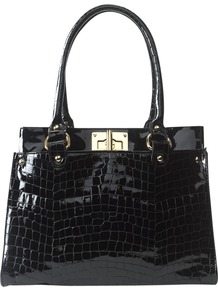 Polly Croc Bag - predominant colour: black; occasions: casual, work; type of pattern: light; style: tote; length: handle; size: standard; material: leather; pattern: animal print; finish: patent