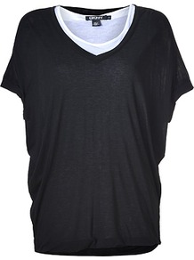 Black/White Double Layer Jersey Top - neckline: round neck; sleeve style: dolman/batwing; pattern: plain, colourblock; style: t-shirt; predominant colour: black; occasions: casual; length: standard; fibres: polyester/polyamide - 100%; fit: loose; bust detail: contrast pattern/fabric/detail at bust; sleeve length: short sleeve; pattern type: fabric; pattern size: small & light; texture group: jersey - stretchy/drapey