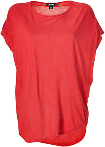 Bright Red Cozy Jersey Top - neckline: round neck; sleeve style: dolman/batwing; pattern: plain; length: below the bottom; predominant colour: true red; occasions: casual; style: top; fibres: polyester/polyamide - 100%; fit: loose; back detail: longer hem at back than at front; sleeve length: short sleeve; pattern type: fabric; texture group: jersey - stretchy/drapey